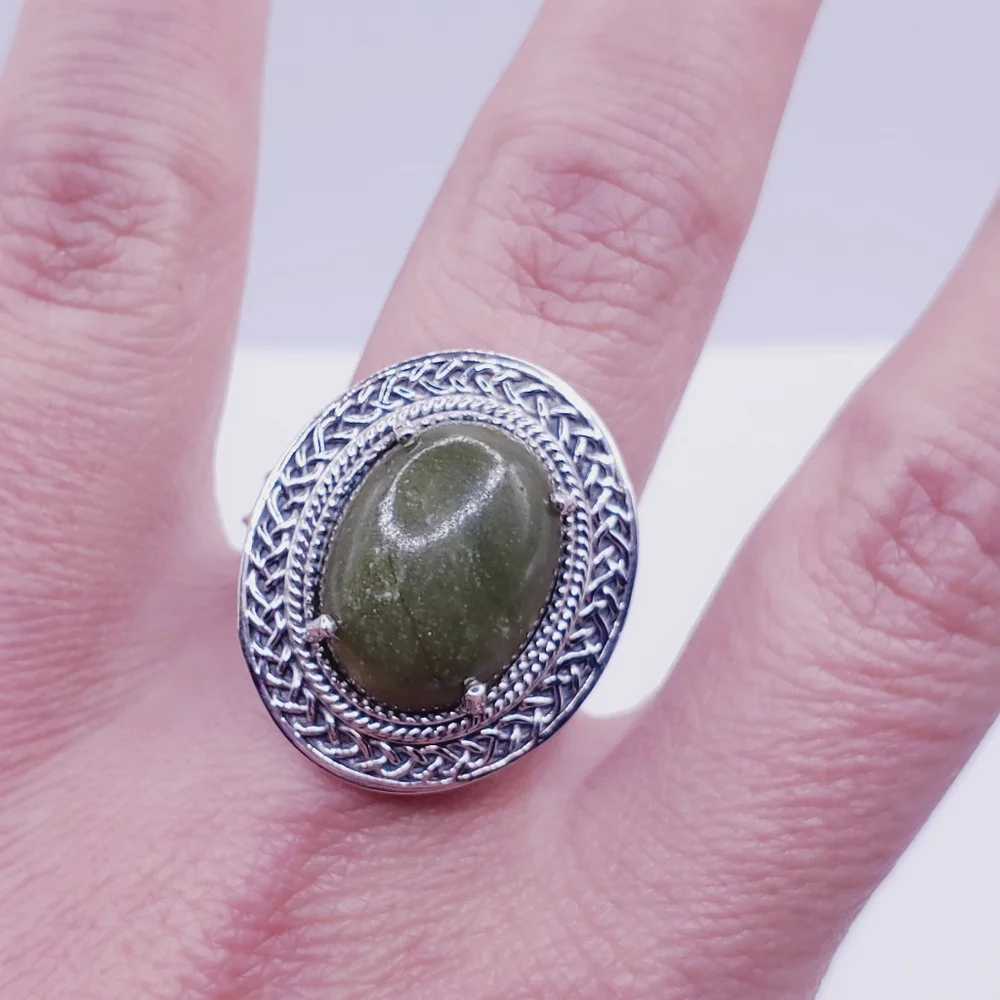 7 Carat Connemara Green Marble 925 Sterling Silver Statement Ring